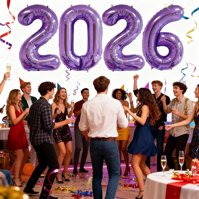 2026 Purple Balloons, 40" Large Purple 2026 Balloons Helium Mylar Foil Balloons for 2026 New Year Christmas Graduation Party Decoration