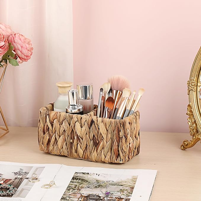 BTSKY Handwoven Remote Control Holder for Table, Natural Water Hyacinth Remote Organizer Caddy Small Wicker Storage Basket, 2-Compartment Office Supplies Desk Organizer Rustic Makeup Brushes Holder