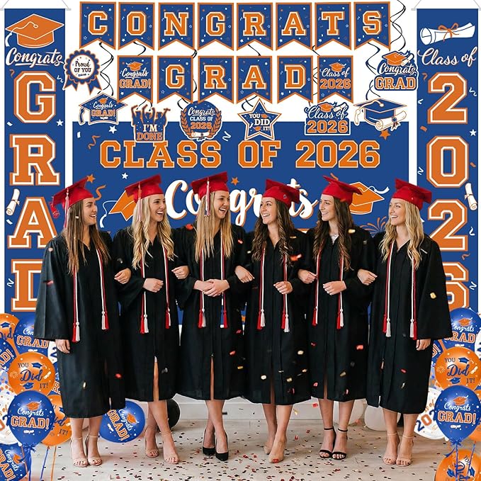 Graduation Blue and Orange Decorations 2026 Include Grad Backdrop, Banner, Hanging Swirls, Porch Sign, Balloons for Congrats Grad Party Decorations