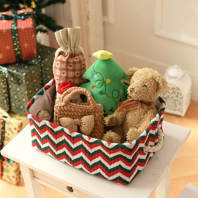 INough Christmas Ornament Storage Box Holiday Decoration Organizer, Knitted with Bulky Yarn Christmas Basket for Kids Collapsible Gifts Baskets Empty with Handles Ornament Storage Box