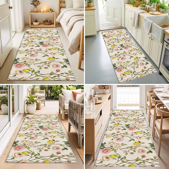 Runner Rug for Bedroom Hallway, Farmhouse Blossom Flower Leaf Lemon Kitchen Runner Rugs Area Rug 2x6ft, Summer Retro Floral Fruit Washable Soft Floor Carpet for Entryway Stair