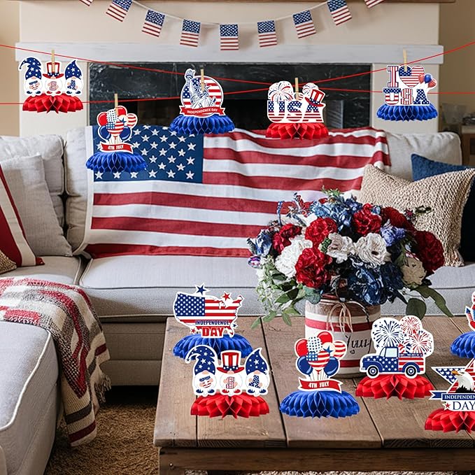 4th of July Honeycomb Centerpieces - 9PCS Patriotic Themed Table Decorations, Red White Blue Independence Day Party Supplies for Patriotic Events American Theme Gatherings