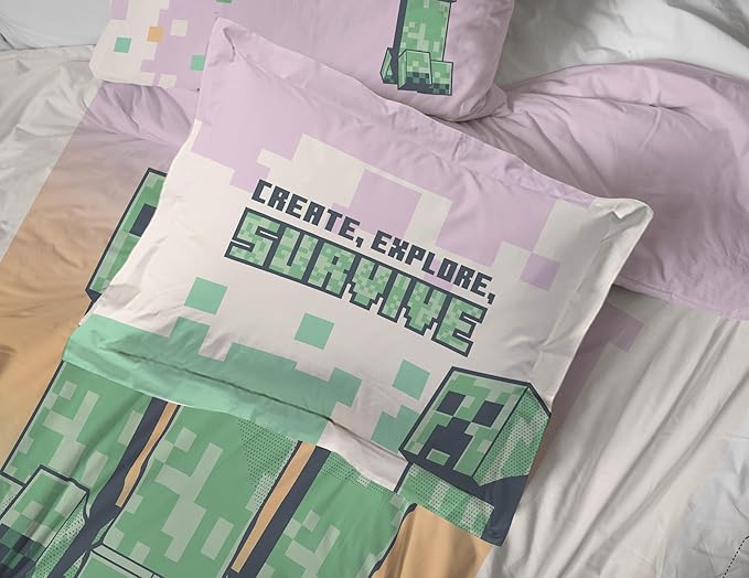 Jay Franco Minecraft Creeper Full Comforter Set - 7 Piece Bedding Includes Sheet Set & Pillow Covers - Super Soft Pink & Green Kids Bedding