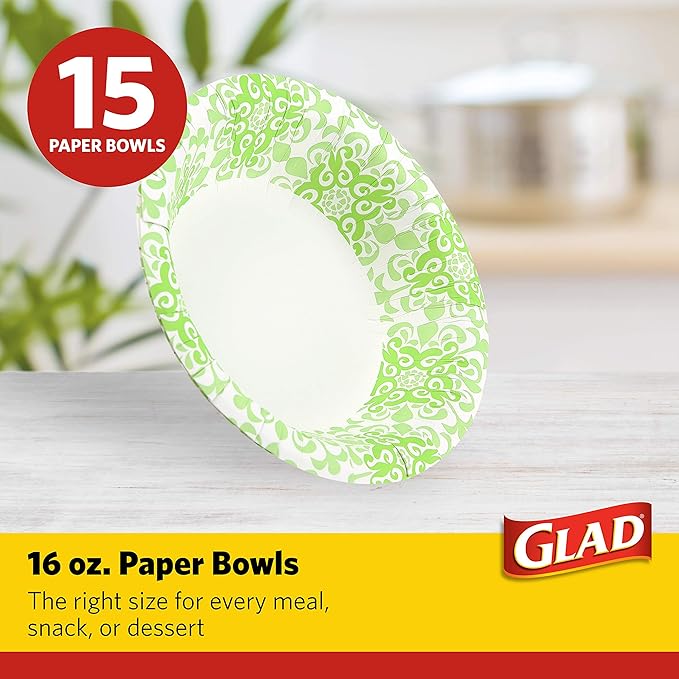 Glad Round Disposable Paper Bowls, Green Victorian Design - Heavy Duty, Soak-Proof, Cut-Resistant, Microwavable Paper Bowls for All Foods and Daily Use, 16 oz, 15 Count