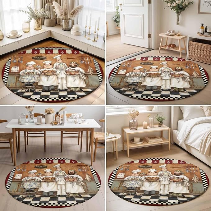Washable Round Area Rug Farmhouse Cartoon Chef Circle Rugs Floor Carpet for Living Room Bedroom, Cooking Theme Black White Checkered Soft Non Slip Round Rug 3ft