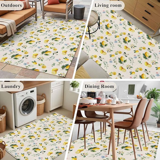 Area Rug 4x6ft, Country Lemon Flower Leaf Washable Rugs for Living Room Bedroom, Pastoral Fruit Plant Vintage Linen Soft Non-Slip Area Rugs Rectangle Floor Carpet for Dining Room