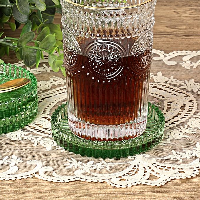 JUXYES 8 Pack Clear Green Crystal Coasters Round Cup Mat, Glass Coasters for Drinks Coffee Tea Wine, Decorative Wine Bottle Coaster, Crystal Drink Coasters for Restaurant bar Kitchen Dining Table
