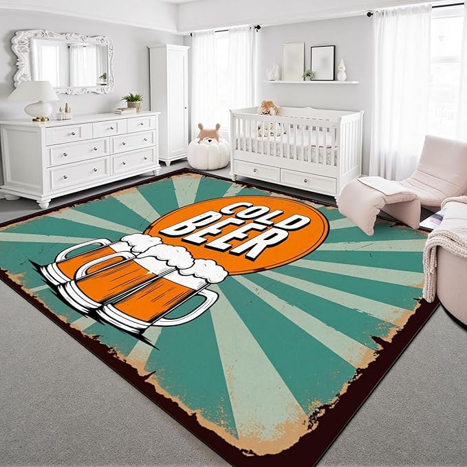 8x10 Area Rugs for Bedroom Boho Washable Man Cave Rug for Living Room Vintage Cold Beer Beer Mugs Retro Sunburst Soft Rubber Backed Non-Slip Large Carpets for Boys