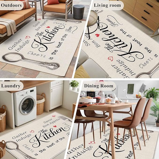 Area Rug 4x6ft, Spoon Fork Vintage Farmhouse Washable Rugs for Living Room Bedroom, Abstract Love Retro Linen Soft Non-Slip Area Rugs Rectangle Floor Carpet for Dining Room
