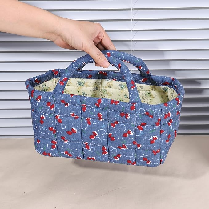 Quilted Fabric Storage Basket Floral Baby Diaper Caddy Quilted Basket for Nursery Bedroom Car Storage