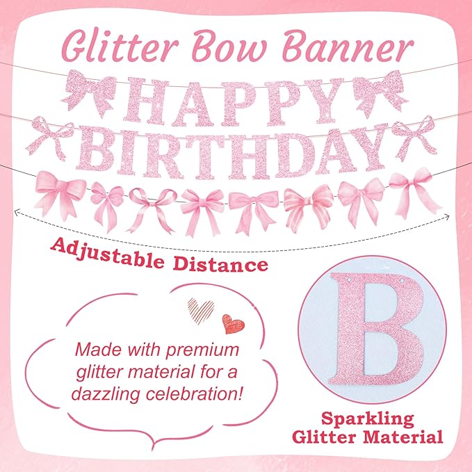26Pcs Pink Bow Birthday Party Decorations, Bow Birthday Decorations Girl Include Happy Birthday Banner Hanging Swirls Set Balloons for Women Girls Bow Party Decorations, Baby Shower Party Supplies