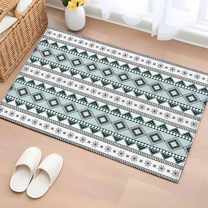 Area Rug 2x3ft, Boho Diamond Pattern Washable Rugs for Living Room Bedroom, Ethnic Style Blue Strips Soft Non-Slip Area Rugs Rectangle Floor Carpet for Dining Room