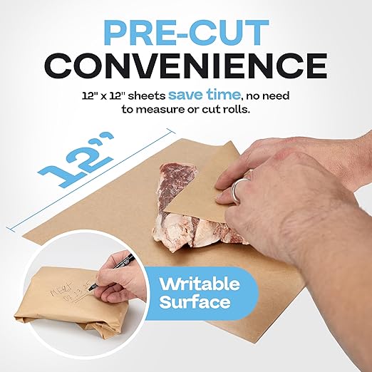 Brown Freezer Paper Sheets 12" x 12", Pack of 200 - USA-Made Paper Sheets for Long-Term Freezing of Meat & Fish - Freezer Pads for Quilting - Bakery Tissue Wraps for Food Storage by IDL Packaging