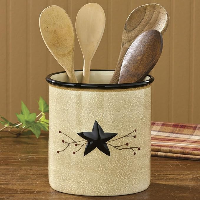 Park Designs Star Vine Utensil Crock | Primitive Farmhouse Decor | Ceramic Utensil Holder for Countertop | Vintage Spoon Holder for Cooking Tools | Rustic Counter Organizer | 6.5” Tall