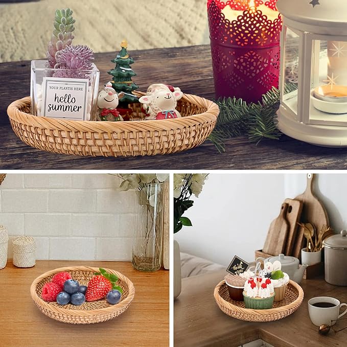 Hipiwe Set of 3 Key Basket Bowl for Entryway Woven Wicker Storage Basket Bowl Round Rattan Serving Basket Tray Fruit Snacks Candy Organizer Bowl for Keys Wallet Cell Phone Home Decor