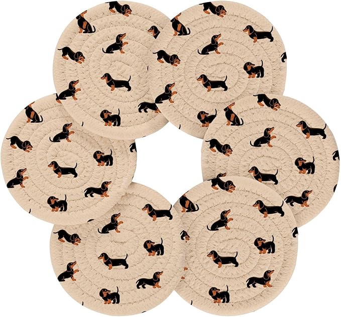 YETTASBIN Cute Dachshund Dog 6 Pcs Drink Coasters with Holder, Cotton Woven Absorbent Heat-Resistant Round Coaster Non-Slip Table Mat for Kitchen Bar Home Decor Housewarming Gift, 3.9 in