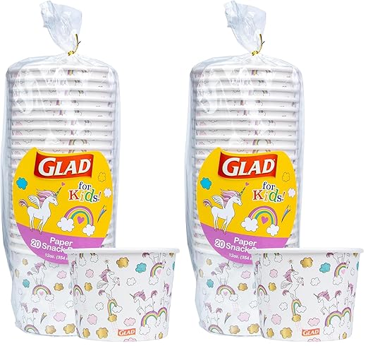 Glad for Kids Unicorns Paper Snack Bowls, Disposable Paper Bowls for-Kids Snacks and Parties, Sturdy Microwave Safe Bowlsfor Everyday Use and Easy Cleanup, 12 Oz, 20 Count (Pack of 2)