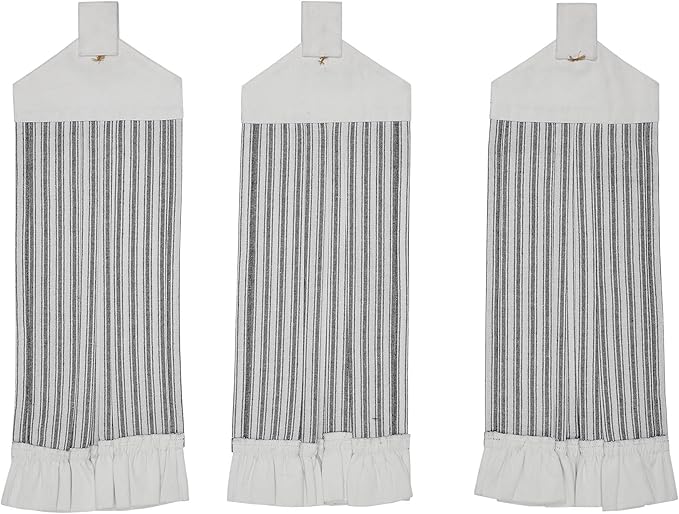 VHC Brands Cotton Sawyer Mill Ticking Stripe Button Loop Kitchen Towel Set of 3, Hanging, Pleated, Bath, Kitchen, Sawyer Mill Black Collection, Country