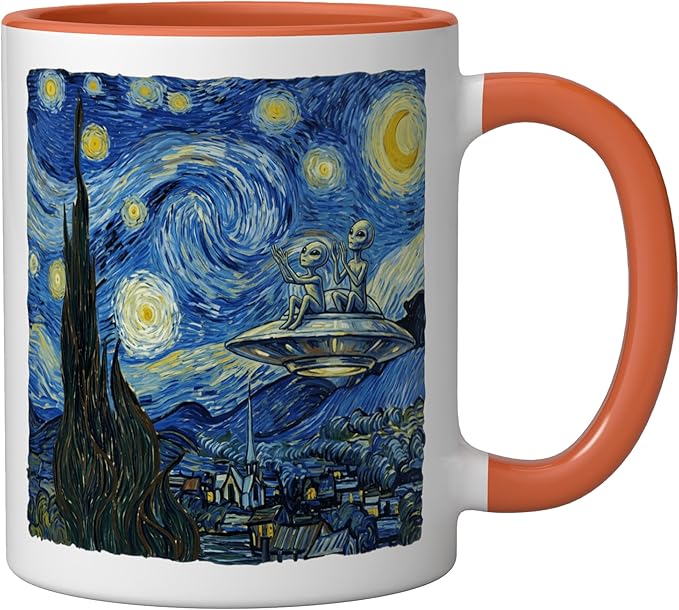 Aliens Saucer UFO Extraterrestrial Fun Starry Night Van Gogh Ceramic Mug, Orange/White