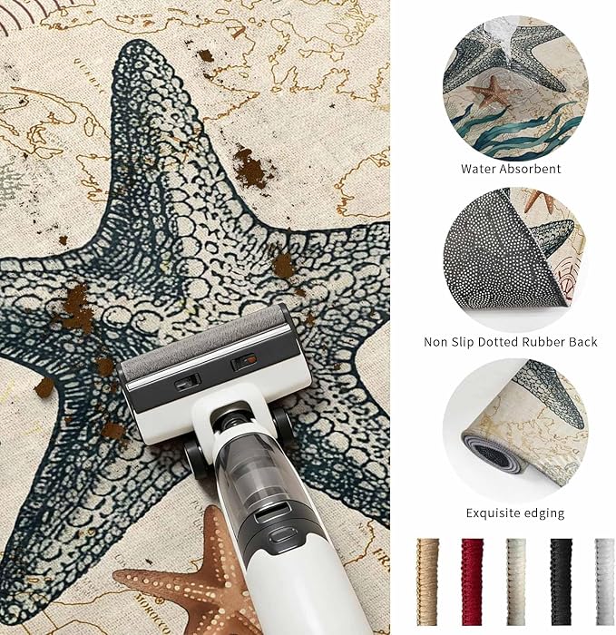 Washable Round Area Rug Nautical Starfish Teal Seaweed Starfish Circle Rugs Floor Carpet for Living Room Bedroom, Marine Life Soft Non Slip Round Rug 5ft