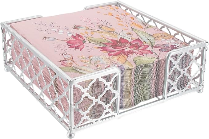 Boston International Paper Napkin Holder Caddy Dispenser for Kitchen Dining Buffet & Bar Countertops, 6.75" x 6.75" (Fits Lunch Size), Silver Trellis