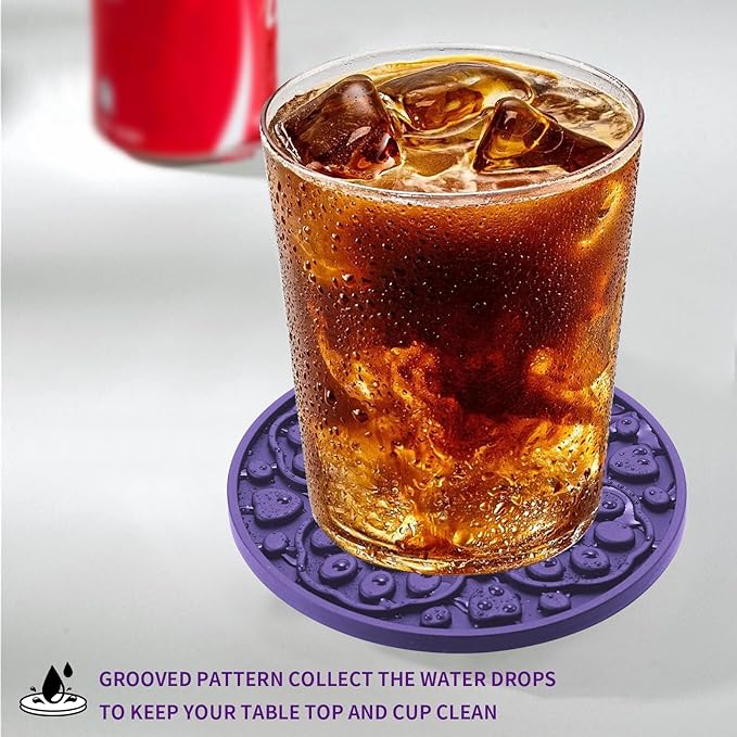 6 Pack Purple Silicone Drink Coasters with Holder, 4 Inch Non-Slip Heat-Resistant Round Cup Mats, Decorative Waterproof Coasters for Tabletop, Office Desk, Bar & Coffee Table, Dishwasher Safe