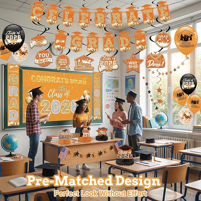 Orange 2026 Graduation Party Decor Kit-Includes Backdrop, Banner, Balloons, Hanging Ornaments & Honeycomb Decorations for Class of 2026 -Full Set for High School and University Graduation Events
