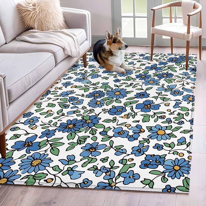 Area Rug 4x6ft, Blue Tiny Flowers Green Leaves Washable Rugs for Living Room Bedroom, Farmhouse Botanical Soft Non-Slip Area Rugs Rectangle Floor Carpet for Dining Room