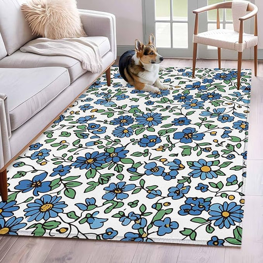Area Rug 4x6ft, Blue Tiny Flowers Green Leaves Washable Rugs for Living Room Bedroom, Farmhouse Botanical Soft Non-Slip Area Rugs Rectangle Floor Carpet for Dining Room