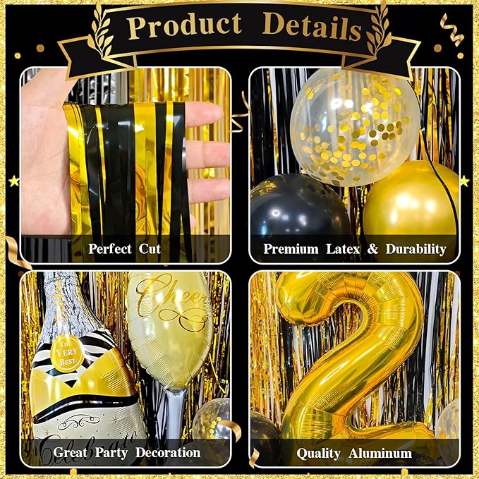 2026 Happy New Years Party Decorations, Gold Black Foil Fringe Curtains Number 2026 Party Balloons for New Year Photo Props, 2026 New Year's Eve Party Supplies，Graduation School Decor