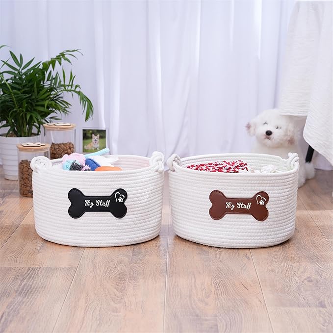 Cotton Pet Storage Basket, 12 x 12 x 7.1 inches, Dog Toy Organizer with Black Leather Bone Design, Dog Toy Storage Organizer, My Stuff Basket Puppy Pet Gift (Pet Dog Basket)