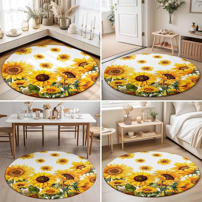 Washable Round Area Rug Summer Pastoral Sunflower Circle Rugs Floor Carpet for Living Room Bedroom, Farmhouse Yellow Flower Soft Non Slip Round Rug 5ft