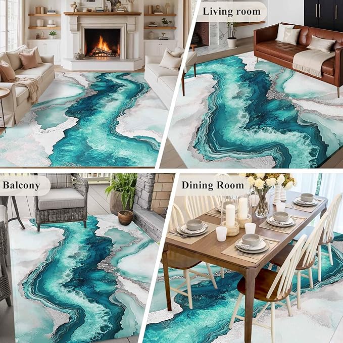 Area Rug 6x9ft, Abstract Blue Marble Texture Washable Rugs for Living Room Bedroom, Modern Luxury Pattern Soft Non-Slip Area Rugs Rectangle Floor Carpet for Dining Room