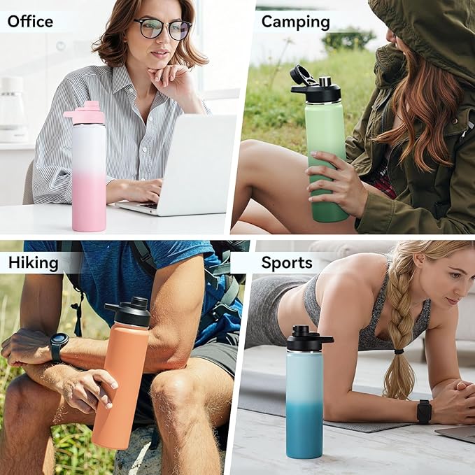 Fijinhom 24 oz Insulated Water Bottle with Handle, 304 Stainless Steel Water Bottles with Wide Mouth, Double Wall Vacuum Sports Water Bottle, BPA Free, Keep Cold and Hot, Strawberry Milk