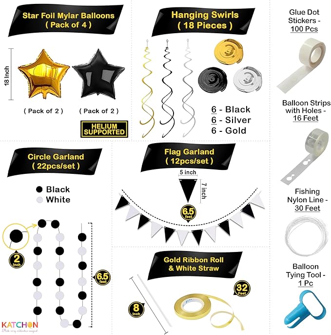KatchOn, Happy New Years Decorations 2026 Black and Gold Set - Big Pack of 115 | Happy New Year Balloon Arch Kit | Black 2026 Balloons, Fringe Backdrop | New Years Eve Party Supplies 2026