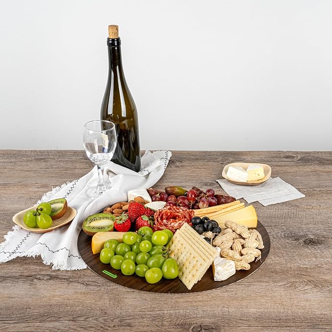 Restaurantware Cater Tek 13.8 Inch Charcuterie Boards 10 Faux Wood Cheese Boards - Round Stackable Dark Paper Cardboard Charcuterie Boards Disposable For Serving At Catered Events