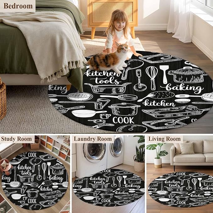Black Kitchen Tools 7ft Round Rug, Modern Cooking Utensil Non-Skid Rubber Backing Large Area Rugs - Living Room Bedroom Home Office, Farmhouse Cookware Indoor Floor Mat Carpets Washable Rug