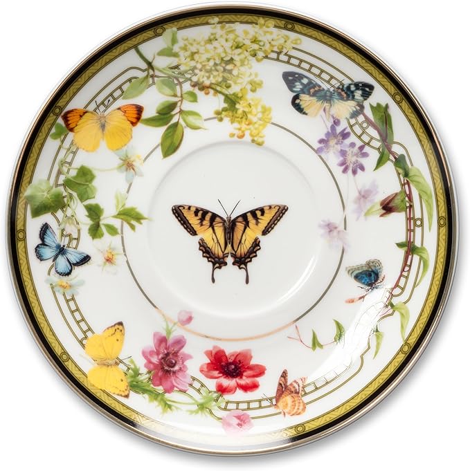 Abbott Collection Butterfly Garden Teacup & Saucer - Bone China, White/Green, 3"H (8oz)