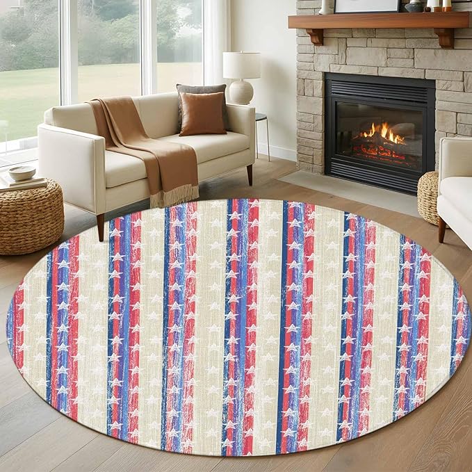 Washable Round Area Rug American Star Stripe Circle Rugs Floor Carpet for Living Room Bedroom, Retro Independence Day Theme Soft Non Slip Round Rug 5ft