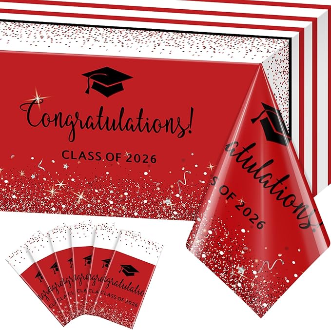 6 Pack Class of 2026 Graduation Tablecloths,Foil Dot Plastic Disposable Rectangle Table Covers for 2026 High School University College Graduation Party Decorations,108*54 Inch (Red and Black)