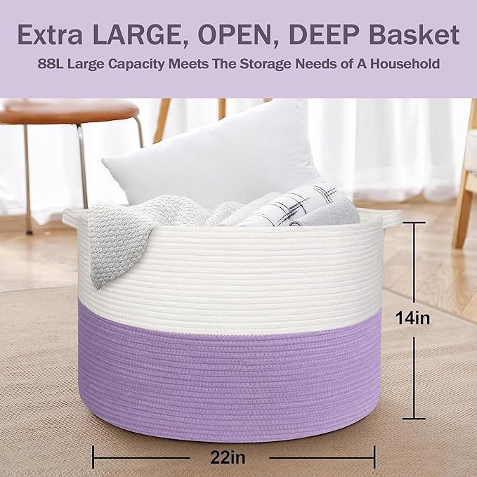 MEGASKET Large Purple Rope Storage Basket, 22x14 Inches Wicker Woven Baskets for Storage, Baby Laundry Hamper, Towel Blanket Toy Bin Organizer, Purple Living Room Decor, Big Basket for Gifts Empty