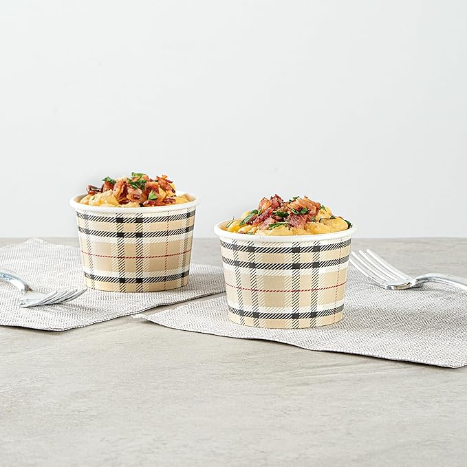 Restaurantware Coppetta 4-Ounce Dessert Cups, 50 Disposable Ice Cream Cups - Lids Sold Separately, Heavy-Duty, Plaid Paper Frozen Yogurt Bowls, For Hot And Cold Foods