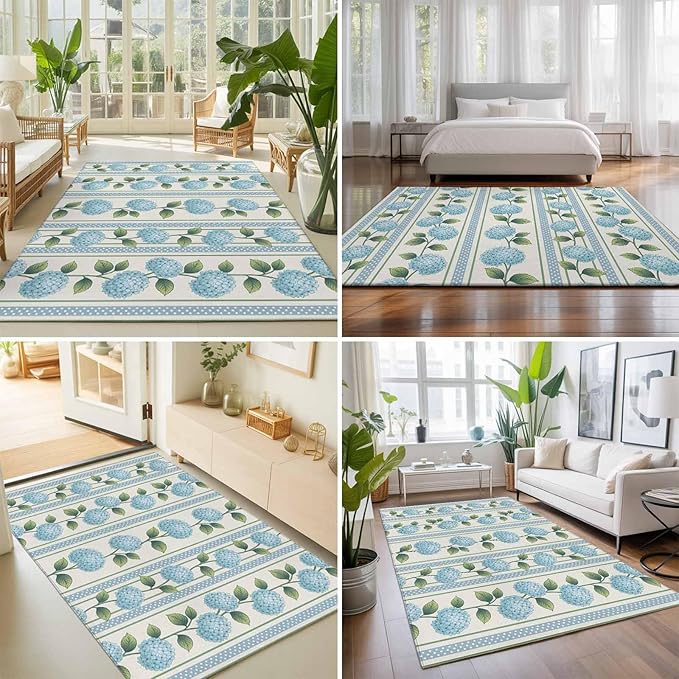 Area Rug 9x12ft, Spring Blue Flower Hydrangea Leaf Washable Rugs for Living Room Bedroom Rectangle Floor Carpet, Floral Stripes on Linen Soft Non-Slip Area Rugs for Dining Room
