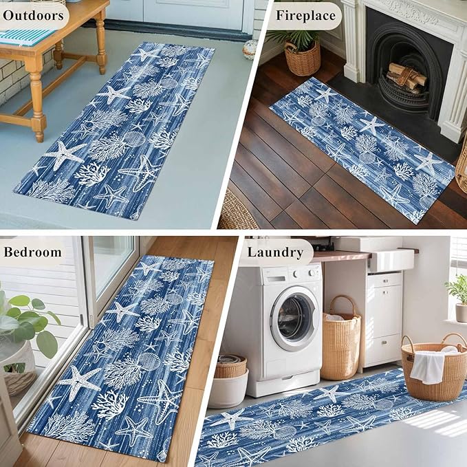Navy Blue Coastal 2x6 Kitchen Runner Rug, Ocean Coral Starfish Non-Skid Rubber Backing Large Rectangle Rugs - Living Room Bedroom Home Office, Summer Beach Indoor Floor Mat Carpets Washable Rug