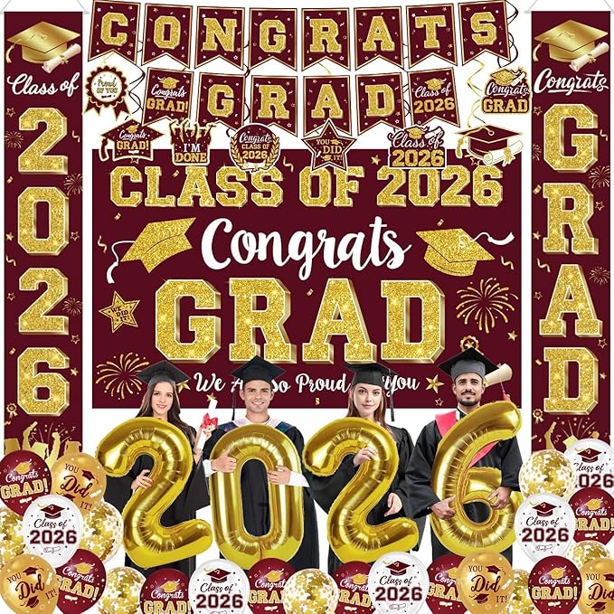 Graduation Decorations Class of 2026 - Maroon and Gold Graduation Party Supplies Include Backdrop, Banner, Hanging Swirls, Porch Sign, Balloons for Congrats Grad Decorations