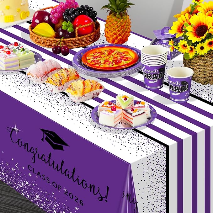 12 Pack Class of 2026 Graduation Tablecloths,Foil Dot Plastic Disposable Rectangle Table Covers for 2026 High School University College Graduation Party Decorations,108*54 Inch (Purple and Black)
