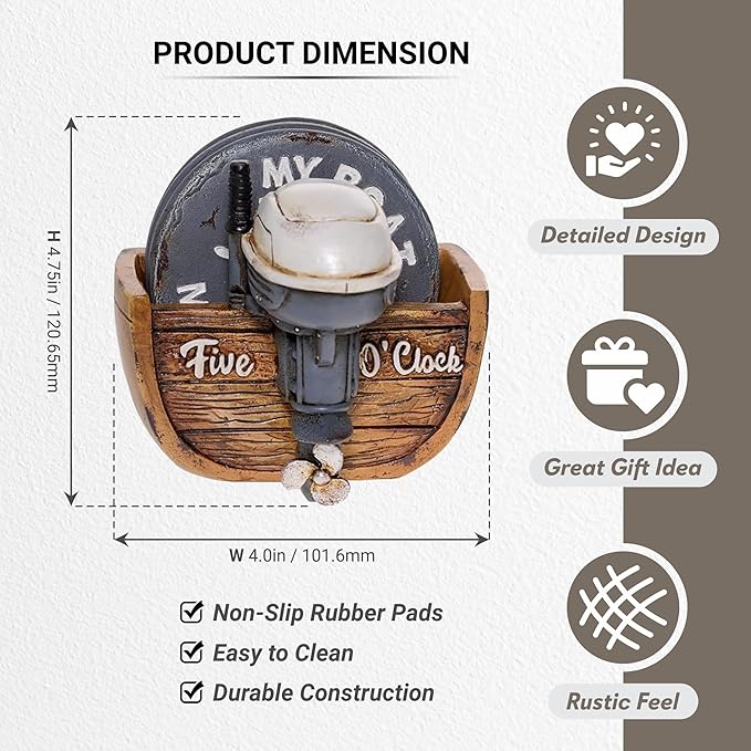 Pine Ridge Drink Coaster Set of 5 - Outboard Boat Motor Design My Boat My Rules, Five O'clock - Coffee Coasters with Holder and Rubber Pads