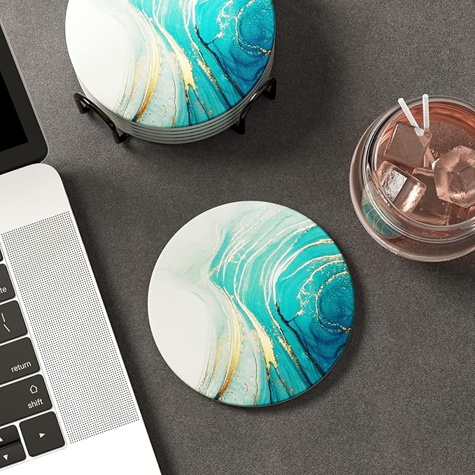 Nipichsha Coasters for Drinks, Set of 6 Cute Absorbent Ceramic Drink Coasters for Cup with Holder and Cork Base, Kitchen Home Decor Housewarming Gift, Round 4 in, Gold Teal Ocean