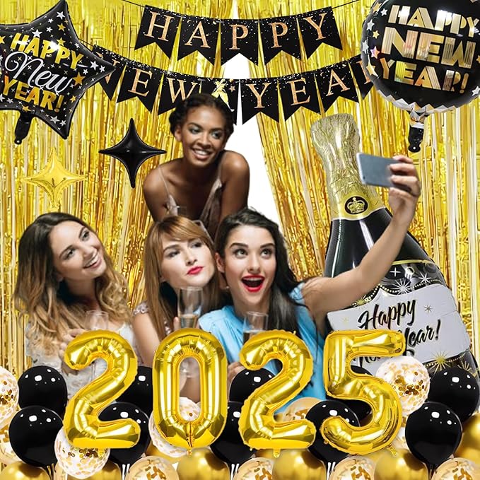 New Years Eve Party Supplies 2025, Gold and Black Balloons Supplies Set with 2025 Foil Balloon, Happy New Year Decorations 2025 Kit Latex Balloons New Year Banner Curtains Backdrop for NYE Decoration