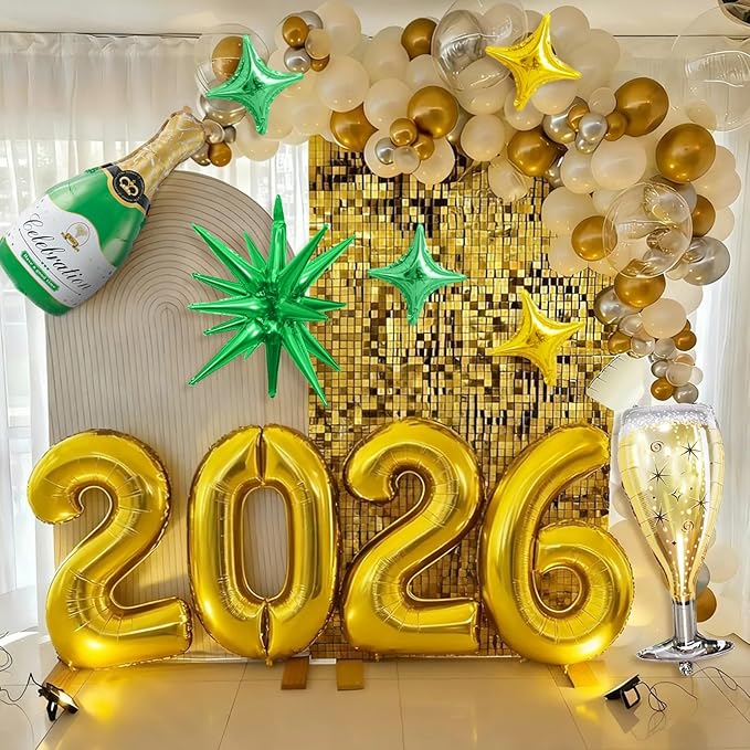 Gold 2026 Balloons, 40 Inch Number Gold Foil Balloons, Gold and Green Star Balloon with Champagne Bottle Glass Balloon for Happy New Years Eve Party Supplies 2026 Class of 2026 Graduation Decorations